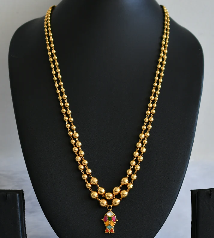Gold tone Double layer Ball chain with Navrathna Fish Pendant set